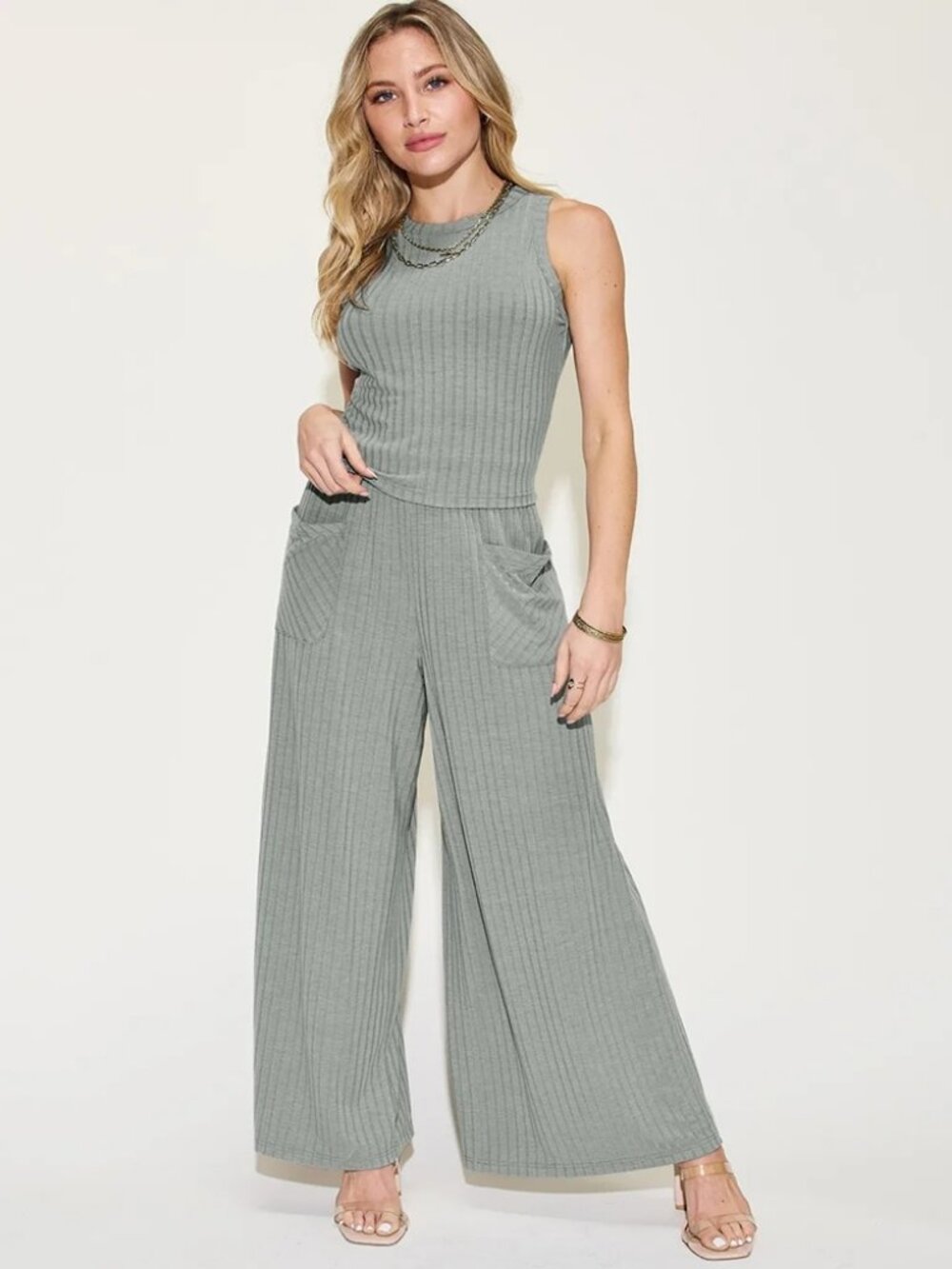 Full Size Ribbed Tank and Wide Leg Pants Set - Picture 6 of 7